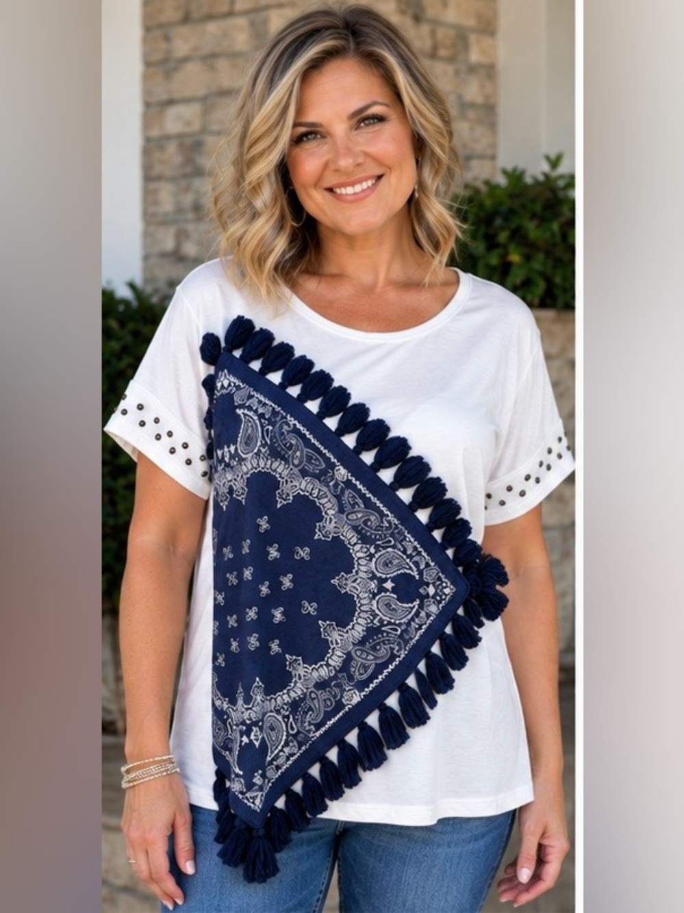 American Bling Women's Short Sleeve Bandana Graphic Tee,Stud embellished NWT